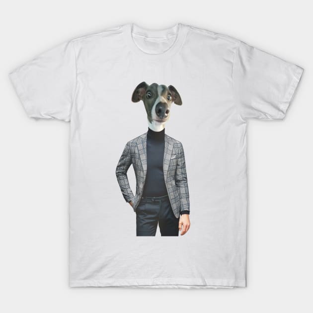 An grey Italian greyhound in a smart and dapper blue mens suit T-Shirt by Fruit Tee